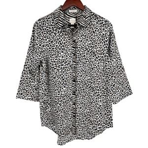 NWOT Chicos Sz 1 MEDIUM 8/10 Leopard Brown Black No Iron Blouse Shirt Top Cozy